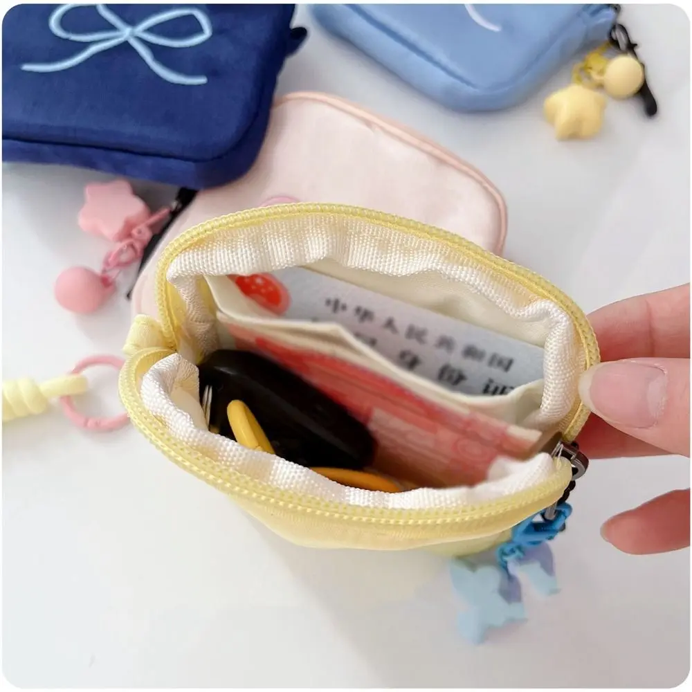 Square Portable Bow Coin Purse with Pendant Korean Style Cute Zero Wallet Bowknot Zipper Pouch Sanitary Napkin Storage Bag Girls