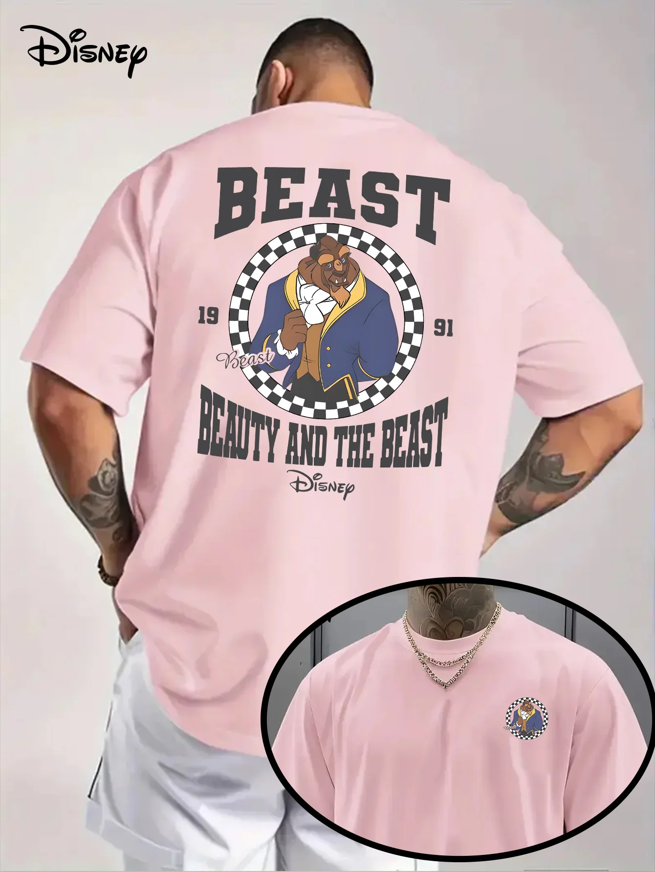 تي شيرت صيفي للرجال من Disney Beauty and The Beast ملابس ترفيهية يومية وأنشطة موضوعية للجنسين قطن بأكمام قصيرة كبيرة الحجم