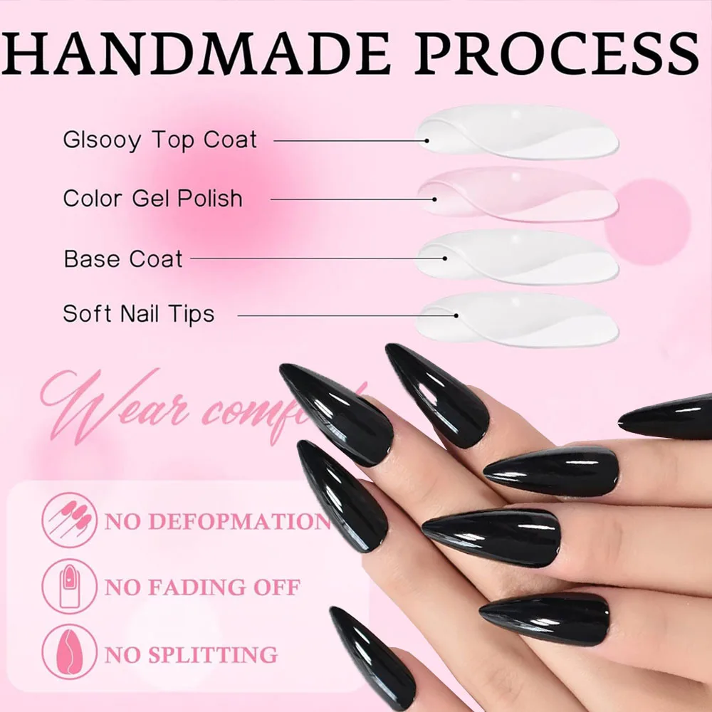 120 قطعة/صندوق أظافر اليد السوداء + أظافر القدم غطاء كامل الأظافر وهمية لامعة قصيرة اللوز على الأظافر وأظافر مربعة مجموعة مانيكير بها بنفسك ﻿