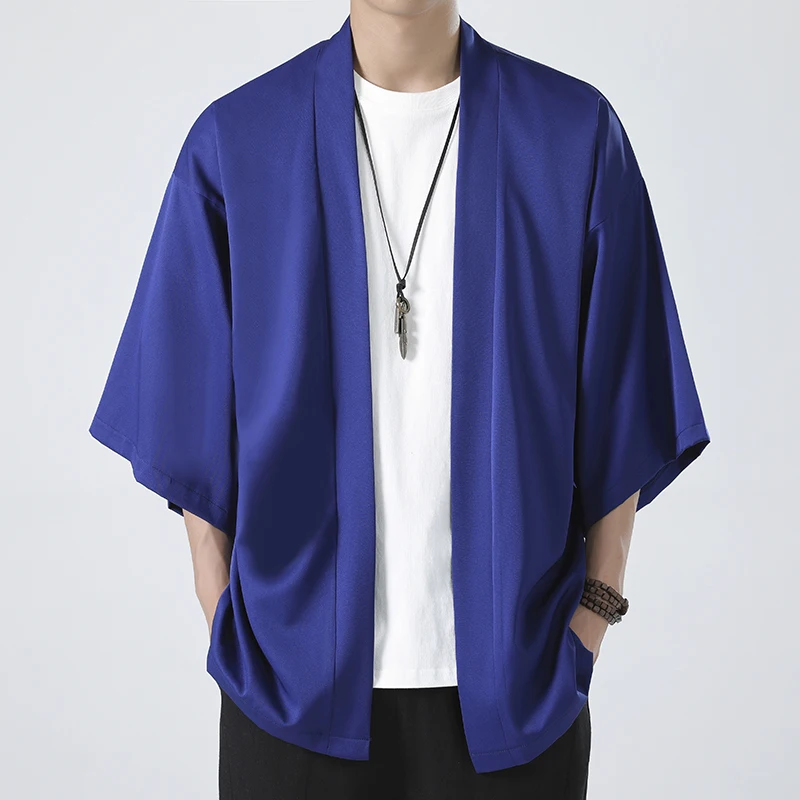 Men's 3/4 Sleeve Open Front Kimono Jacket Chinese Style Summer Lightweight Top Oversized Loose Fit Solid Color Casual Outerwear