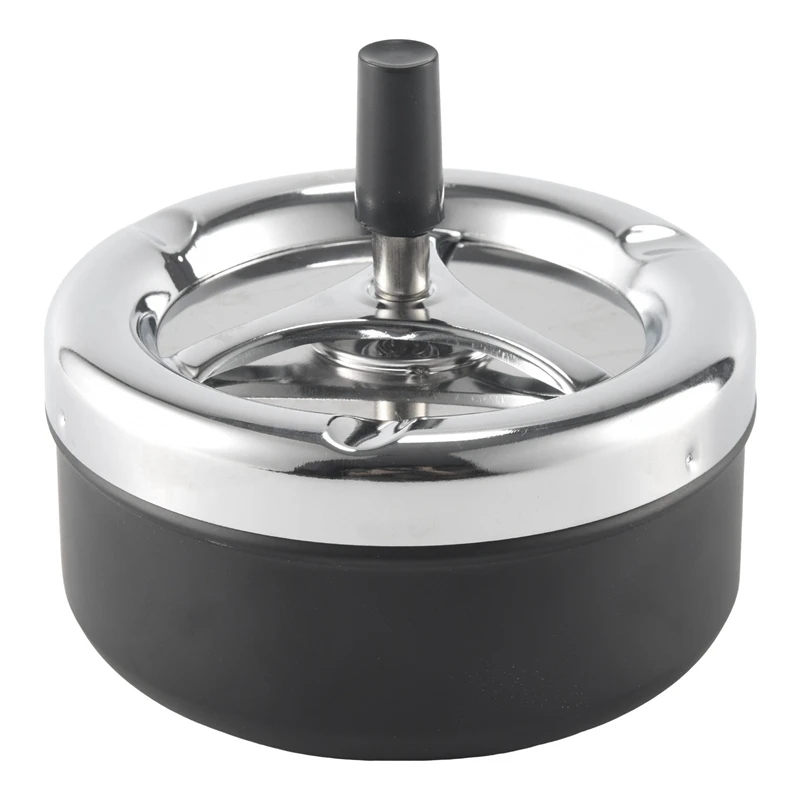 

3X Round Push Down Cigarette Ashtray With Spinning Tray, Black