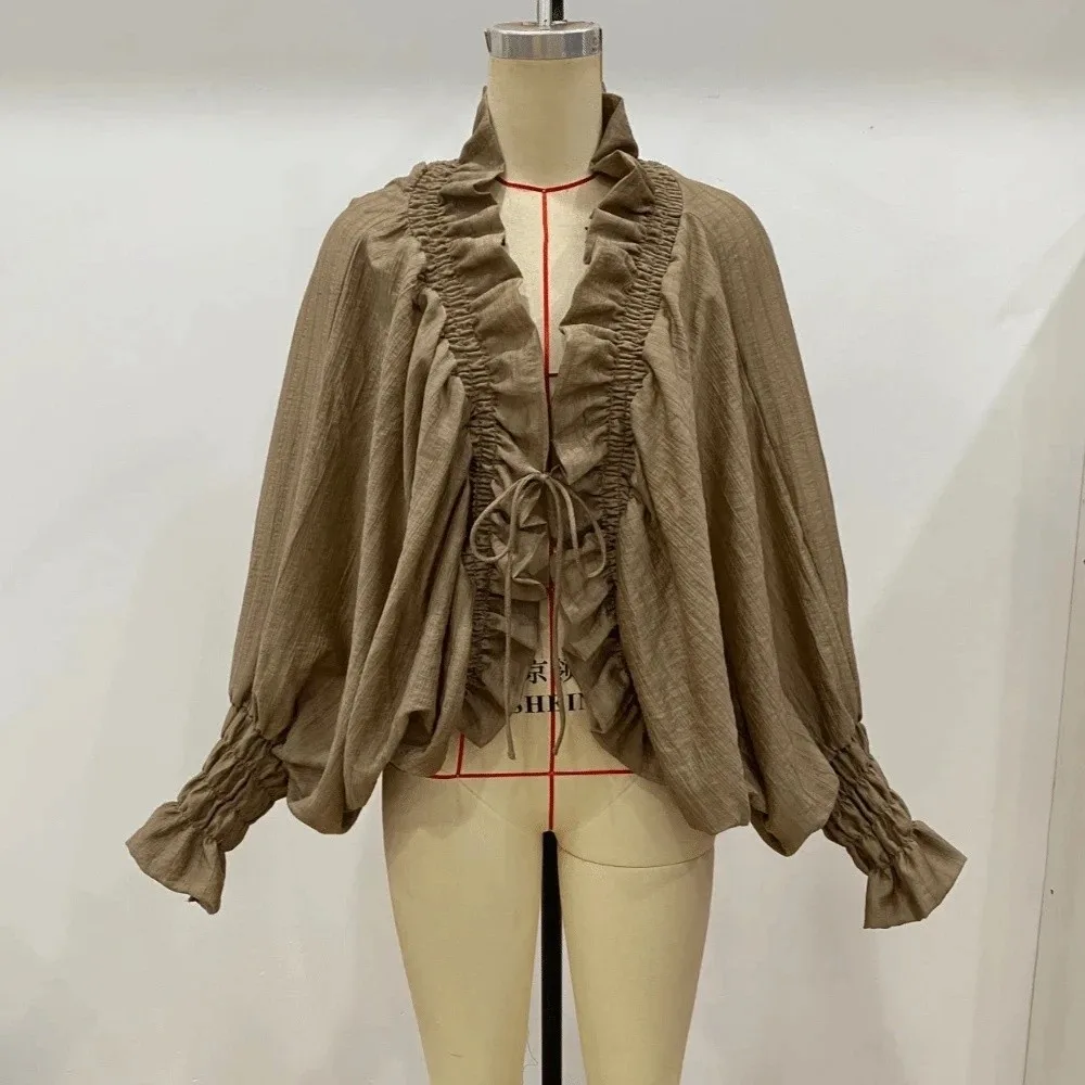 Streetwear Lace-up Chic Ruffle Blouse Loose Tie Front Batwing Long Sleeve Blouse Bohemian Style Drawstring Women Shirt Top Women