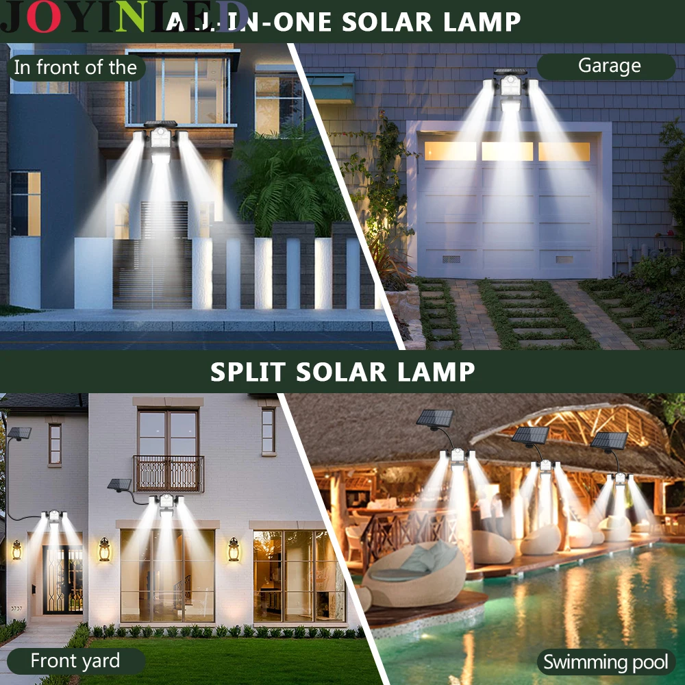 LED Light Motion Sensor 192/198 LED 3 Modes IP65 Waterproof with Remote Solar Wall Security Light 4 Heads Outdoor Lighting