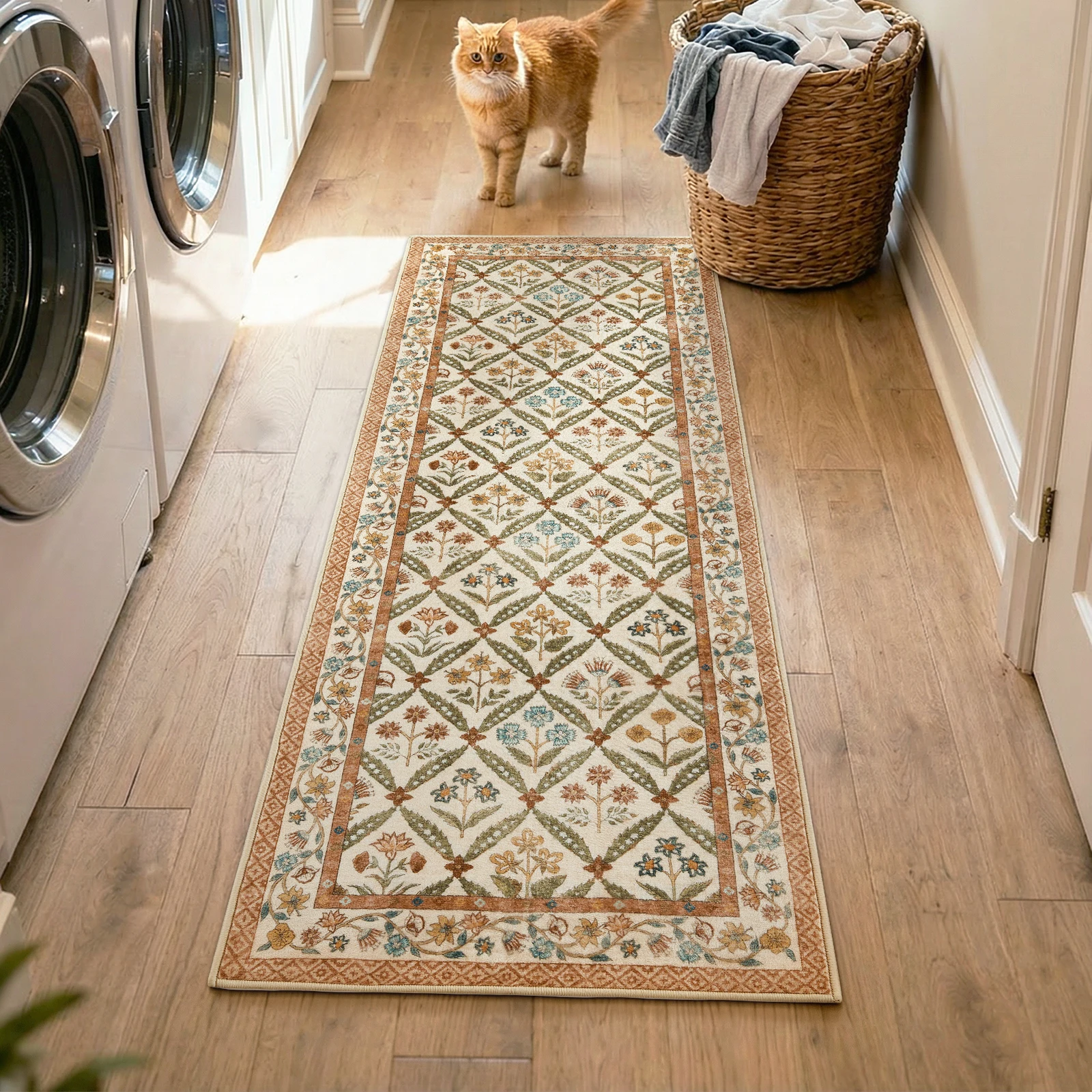Washable Area Rug Vintage Botanical Kitchen Mat Non-Slip Floral Entryway Runner Low-Pile Carpet for Living Room Bedroom