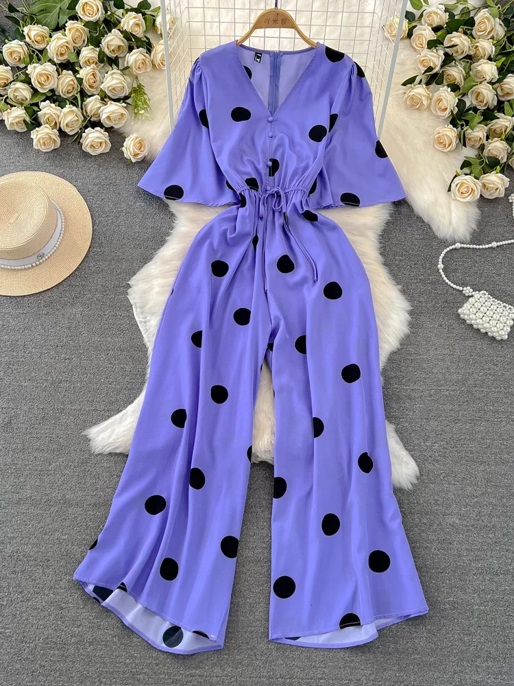 

Весенне-летние комбинезоны в горошек для женщин, элегантный комбинезон с v-образным вырезом и короткими рукавами, широкий комбинезон с завязками, женский комбинезон, новинка 2023 года