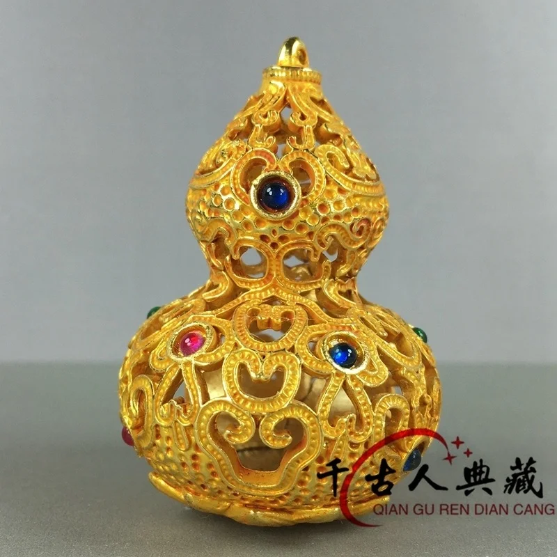 

Vintage Gilded Small Gourd with Embedded Pearl Antique Ornament Old Goods Handheld Decoration Home Desktop Decor Collection