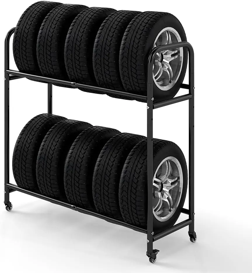 Adjustable Rolling Tire Storage Rack for Garage, Black, 24.80-42.51'' X 15.35'' X 44.09'', Durable Steel and PP Construction