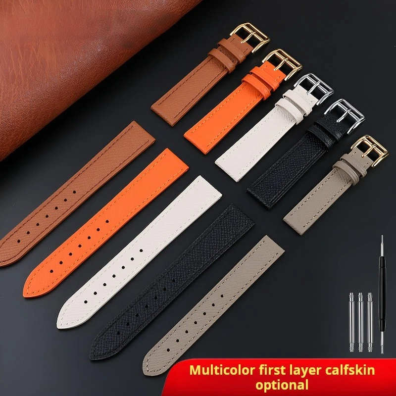 For Hermes H Genuine Leather Watchband HOUR Series Square Dial Thin Orange Comfortable Soft Cowhide Watch strap 14mm 16mm 18mm