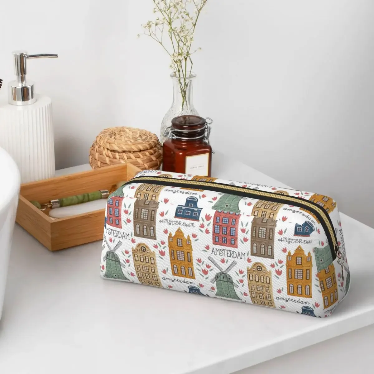 Amsterdam. Seamless Pattern With Old Historic Buildings Pencil Cases Pencil Pouch Pen Box Pencil Bag for Studen School