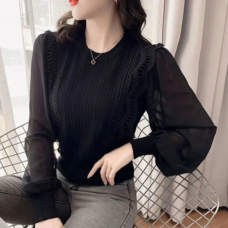 Commute Solid Color Knitted Spliced Shirt 2023 Spring Autumn Long Sleeve Stylish Hollow Out Lace Women\'s Clothing O-Neck Blouse