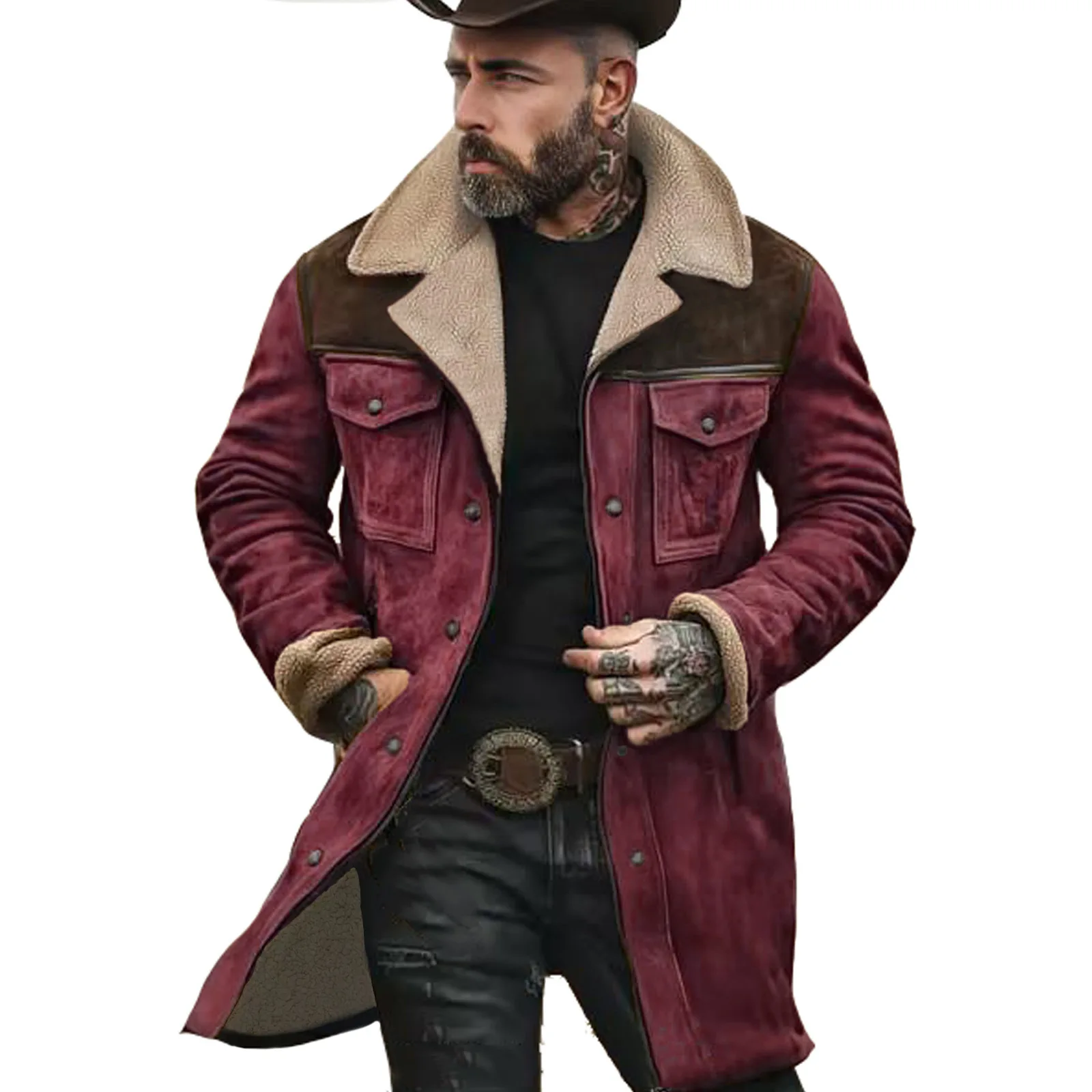 New Men's Autumn Winter Casual Lapel Zipper Fleece-lined Jackets Mid-length Suede Overcoat Male Multi-pocket Thicken Trench Coat