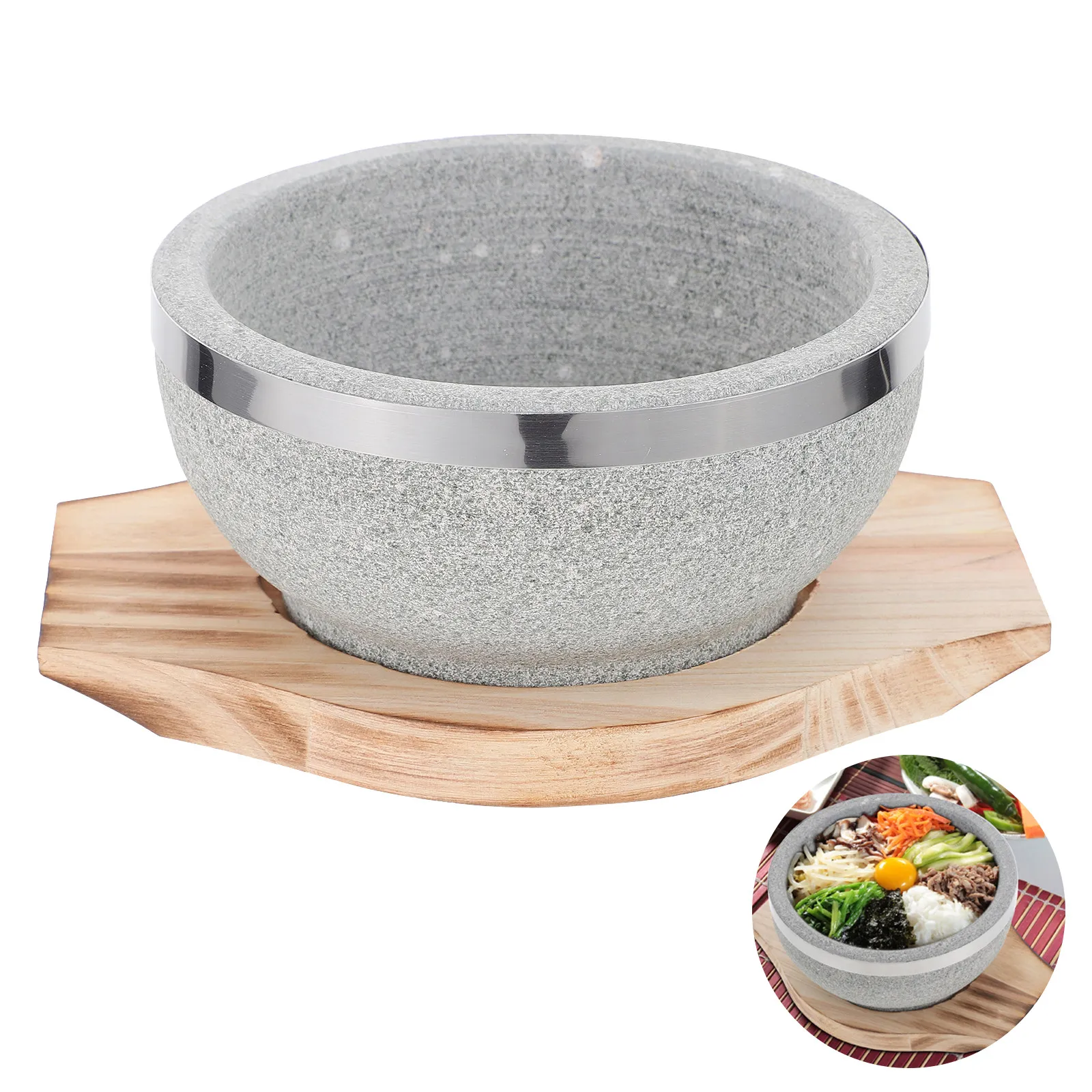 

Korean Stone Pot Wood Tray Mixed Rice Stone Pot Korean Cuisine Ramen Bowl Bibimbap Tableware High Temperature Cooking Soup Pot