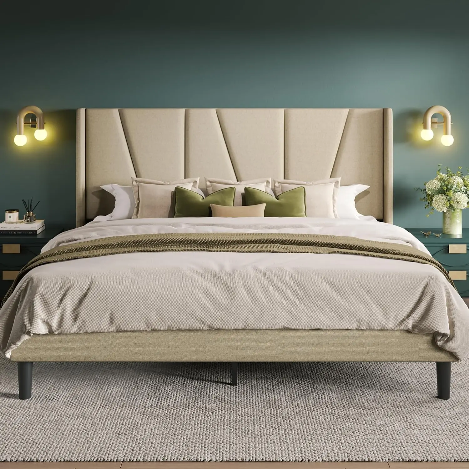 

Platform bed frame with geometric backrest headboard, modern upholstered bed with wooden slat supports, no springs required