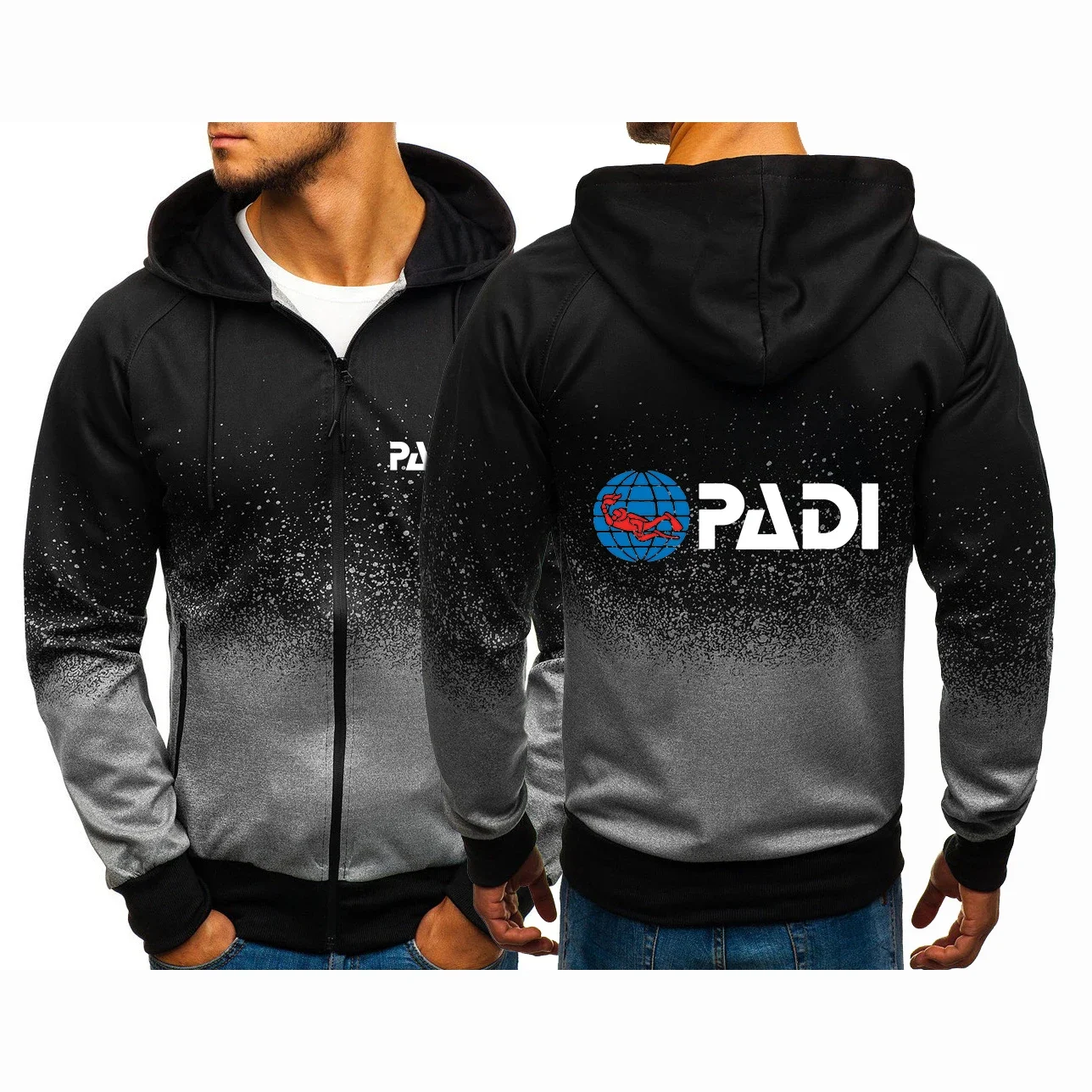 

Scuba Driver Padi Men Spring and Autumn Printing Casual Harajuku Gradient Color Hooded Sweatshirts Zipper Jacket Coats Clothing