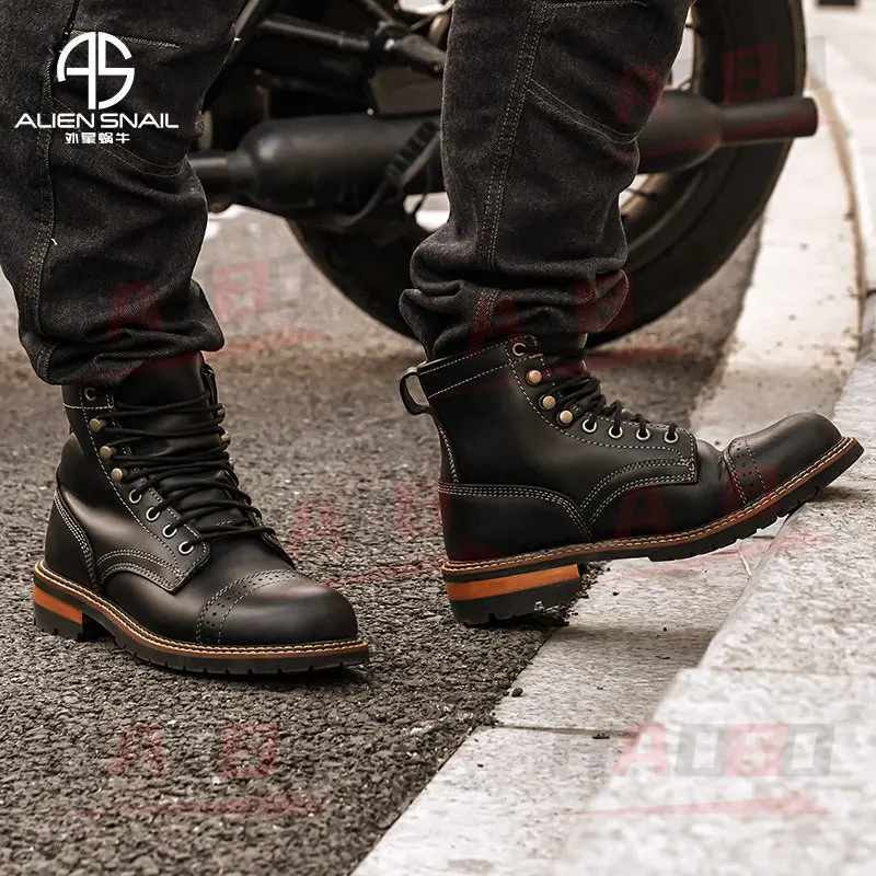ALIEN SNAIL Cowhide Motorcycle Boots Retro Workwear Shoes Leather Mens Riding Boots Comfortable Commuting Walking Shoes