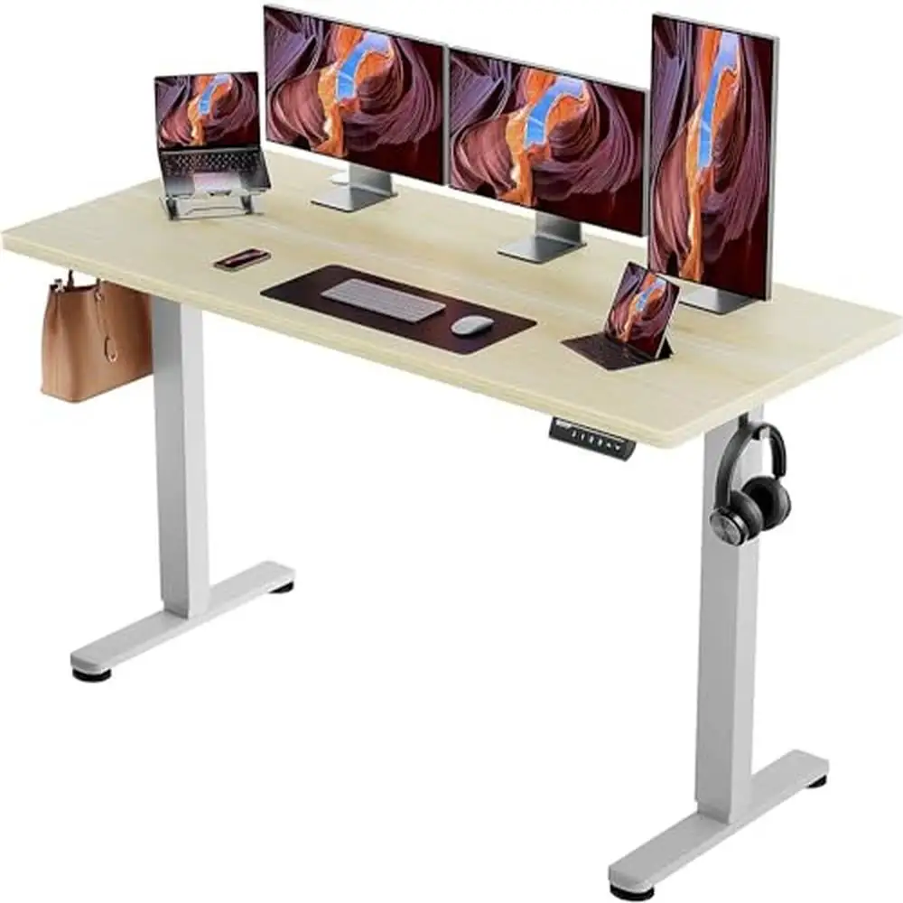 Electric Standing Desk Height Adjustable 63x28 Inches Large Memory Computer Office Natural Wood Steel Base Ergonomic Rectangular