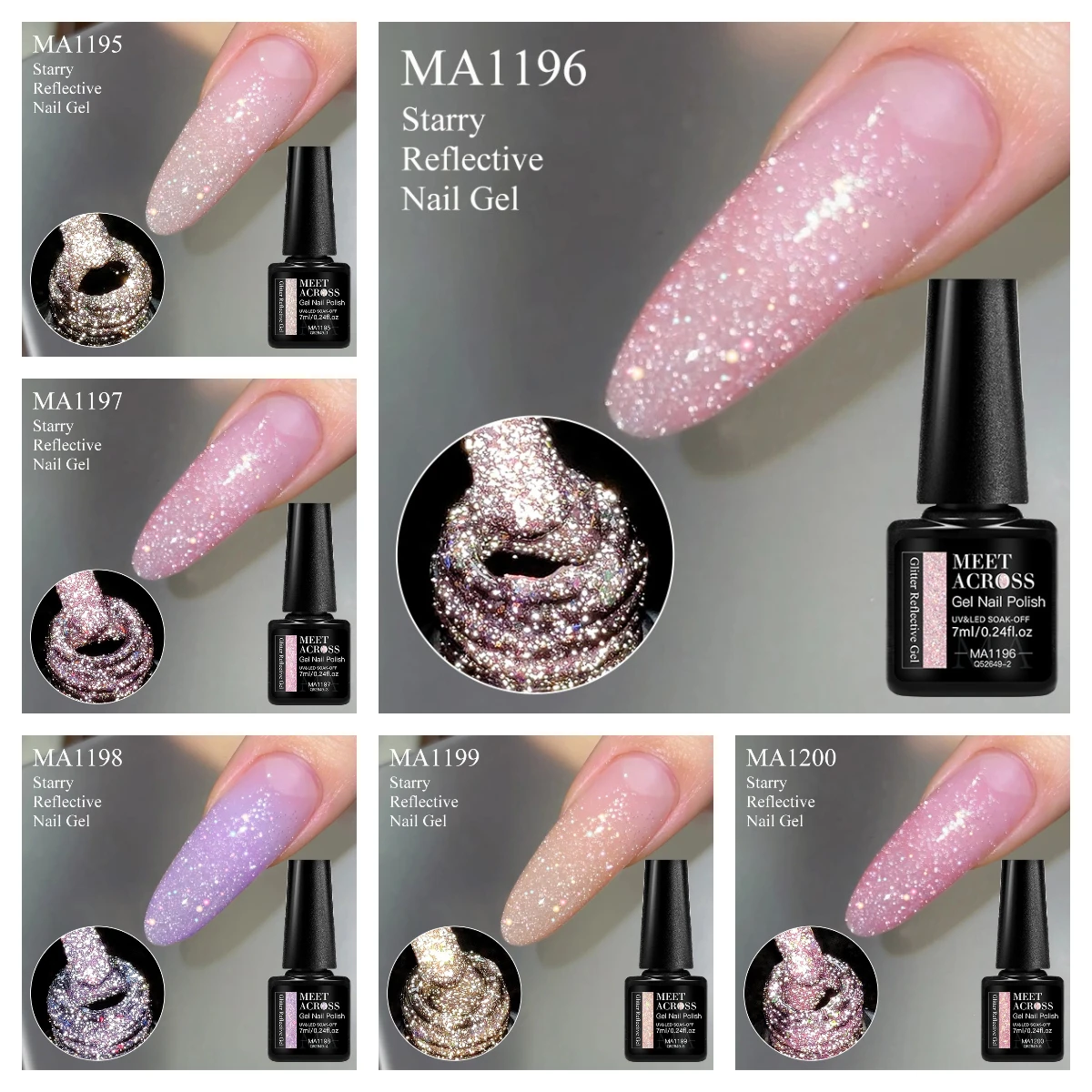 MEET ACROSS Starry Reflective Gel Nail Polish 7ml 6 Colors UV LED Soak Off Sparkle Glitter Long Lasting Nail Art