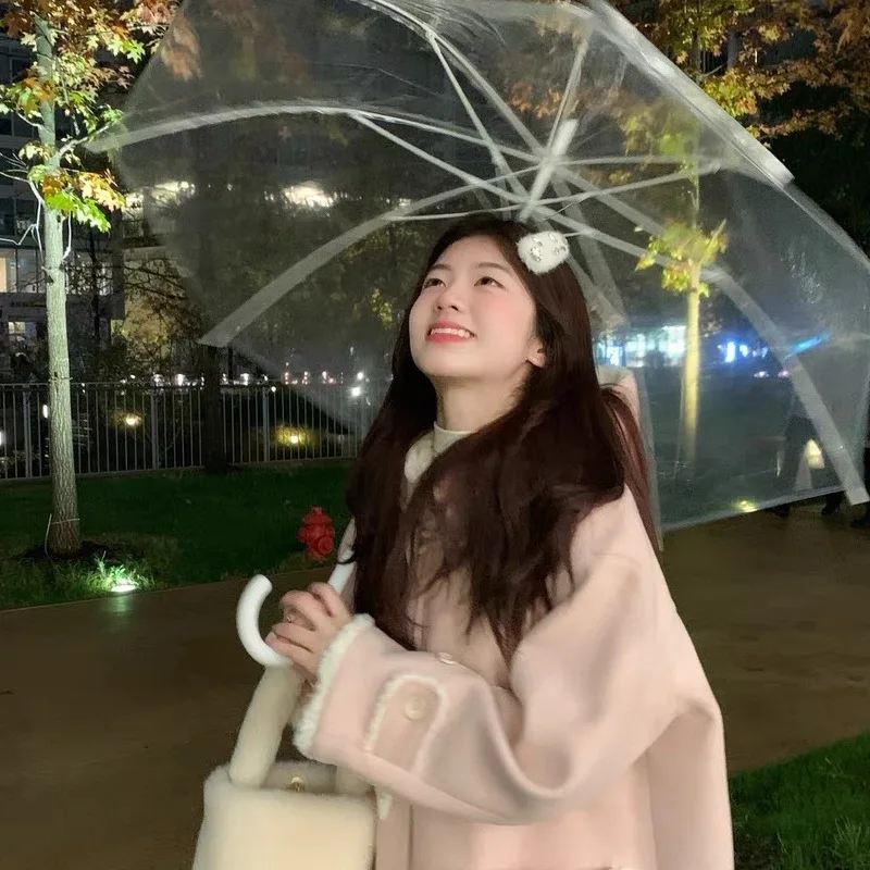 حجم كبير معطف الصوف الوردي المرأة الخريف الشتاء سميكة طويلة مقنعين سترة كسول نمط منتصف طول معطف زر إغلاق A-لي...