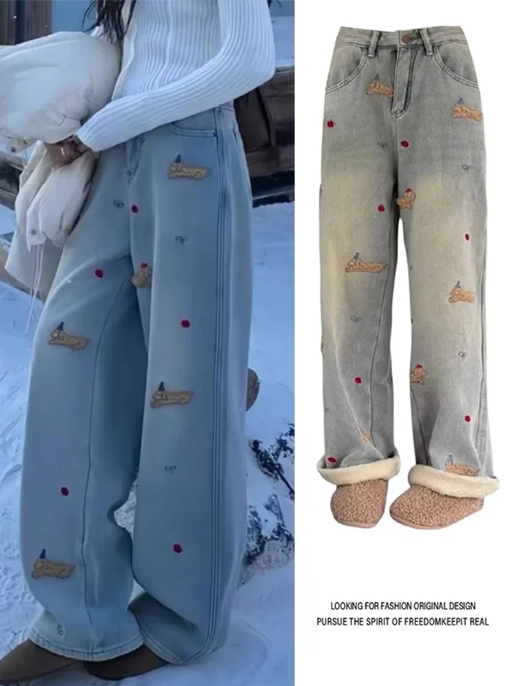 

plus Size Retro Washed Fleece Lined Denim Jeans Women Loose Patchwork Cartoon Dog Embroidery Straight Leg Pants High Waist Th...
