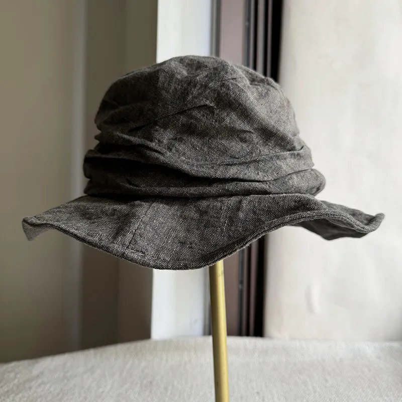 Women 100% Linen Bucket Hat Vintage Wrinkle Foldable Sun Hat Breathable Adjustable Fisherman Cap For Outdoor Travel