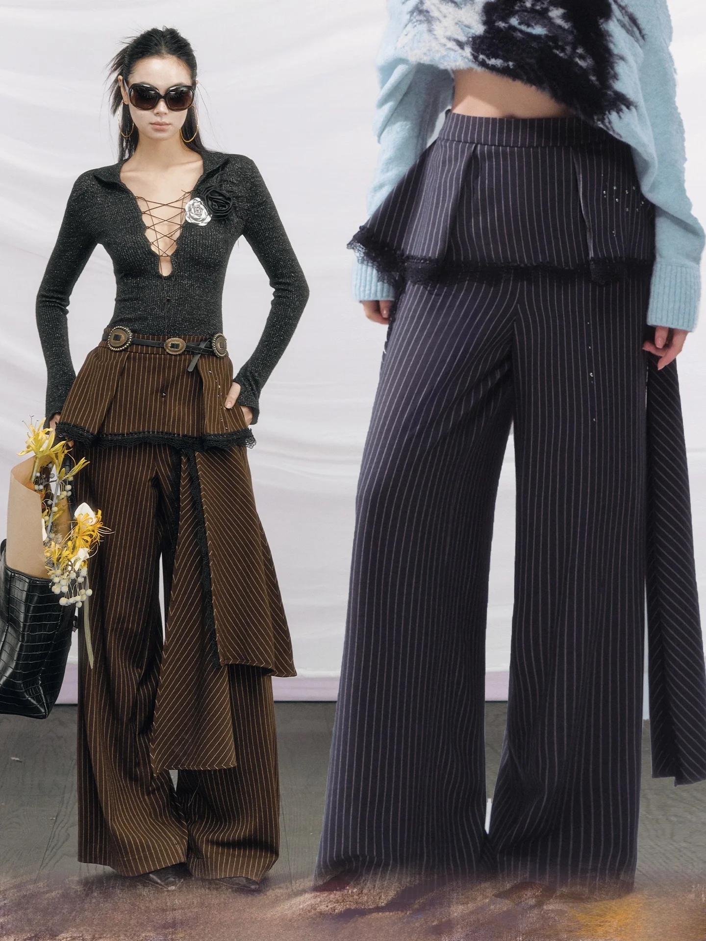 

Limited Edition OfAkiva "Resonance" Vintage Striped Wide Leg Pants Lace Splicing Drapey Trousers High Waist Zipper Closure