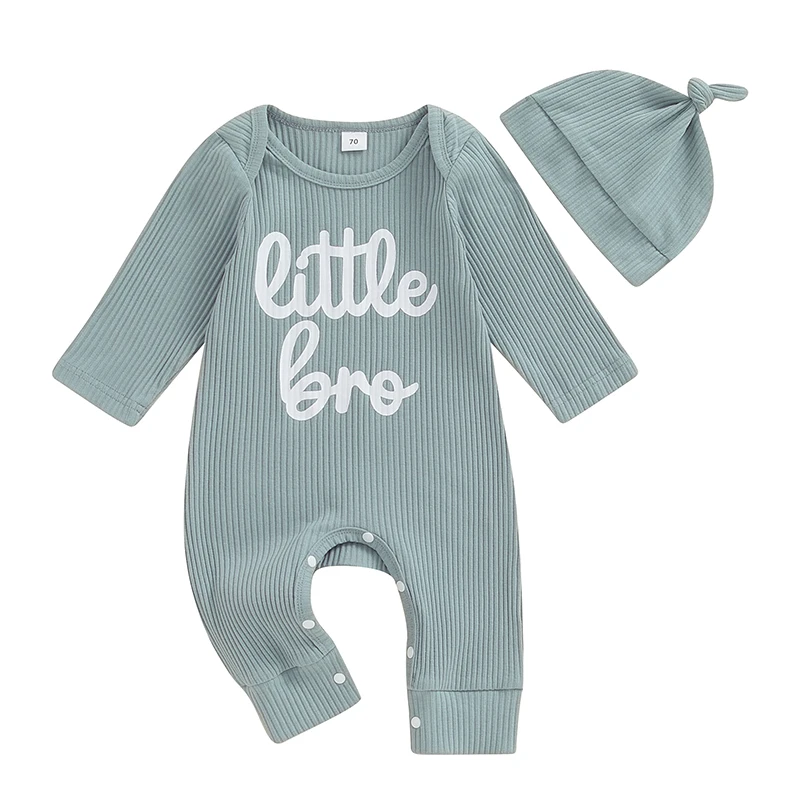 

Newborn Baby Boy Little Brother Coming Home Outfit Knitted Long Sleeve Romper Jumpsuit Overalls +Hat Fall Clothes