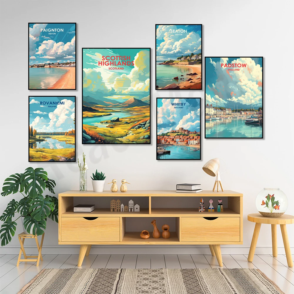 Scottish Highlands, Whitby England, Seaton Devon, Rome Italy, Rovaniemi Finland, Paignton Devon, Padstow England travel poster