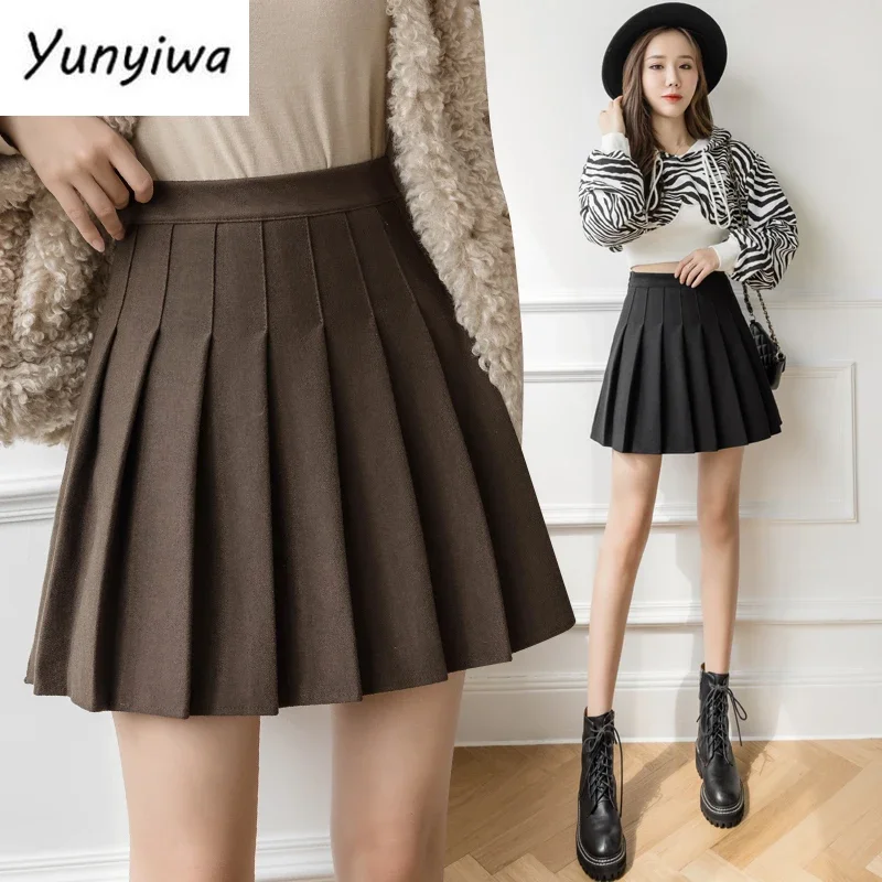 New Winter Woolen Skirt Women Solid High Waist Pleated Mini Skirts Vintage School A Line Falda Plisada Beige Grey Black Brown