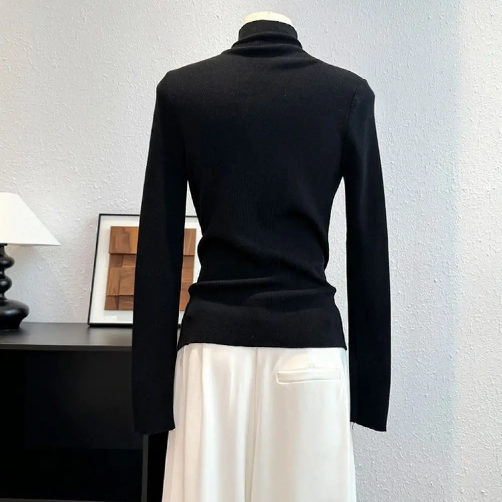 Fashion Women High Neck Knitted Pullover Slim Fit Asymmetric Hem Long Sleeve Sweater Elegant Fall Office Casual Tops