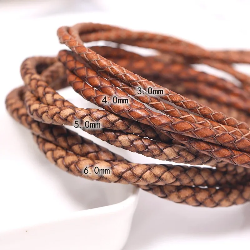 Cuerda de cuero hecha a mano DIY de 1/2/3 metros, cuerda de cuero de vaca redonda trenzada antigua, cordones de cuero genuino tejidos hechos a mano de 3/4/5/6mm