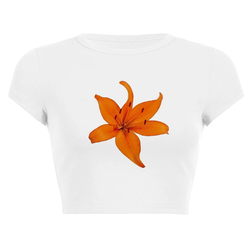 Women's Sexy Baby Tee Aesthetic Clothes Streetwear Yellow Flowers Print T-Shirts Round Neck Short Sleeved Y2K Summer Crop Tops