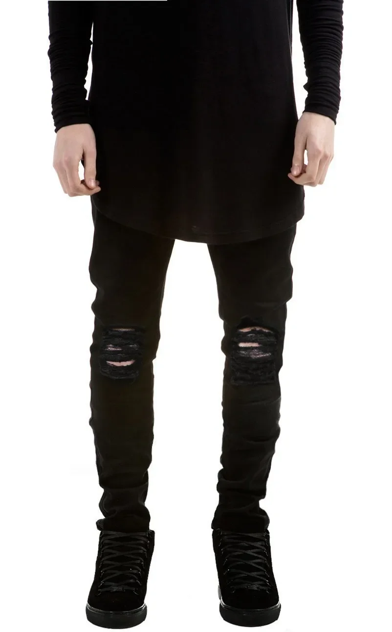 

Men's White Jeans Fashion Hip Hop Ripped Skinny Men Denim Trousers Slim Fit Stretch Distressed Zip Men Jean Pants High Quality