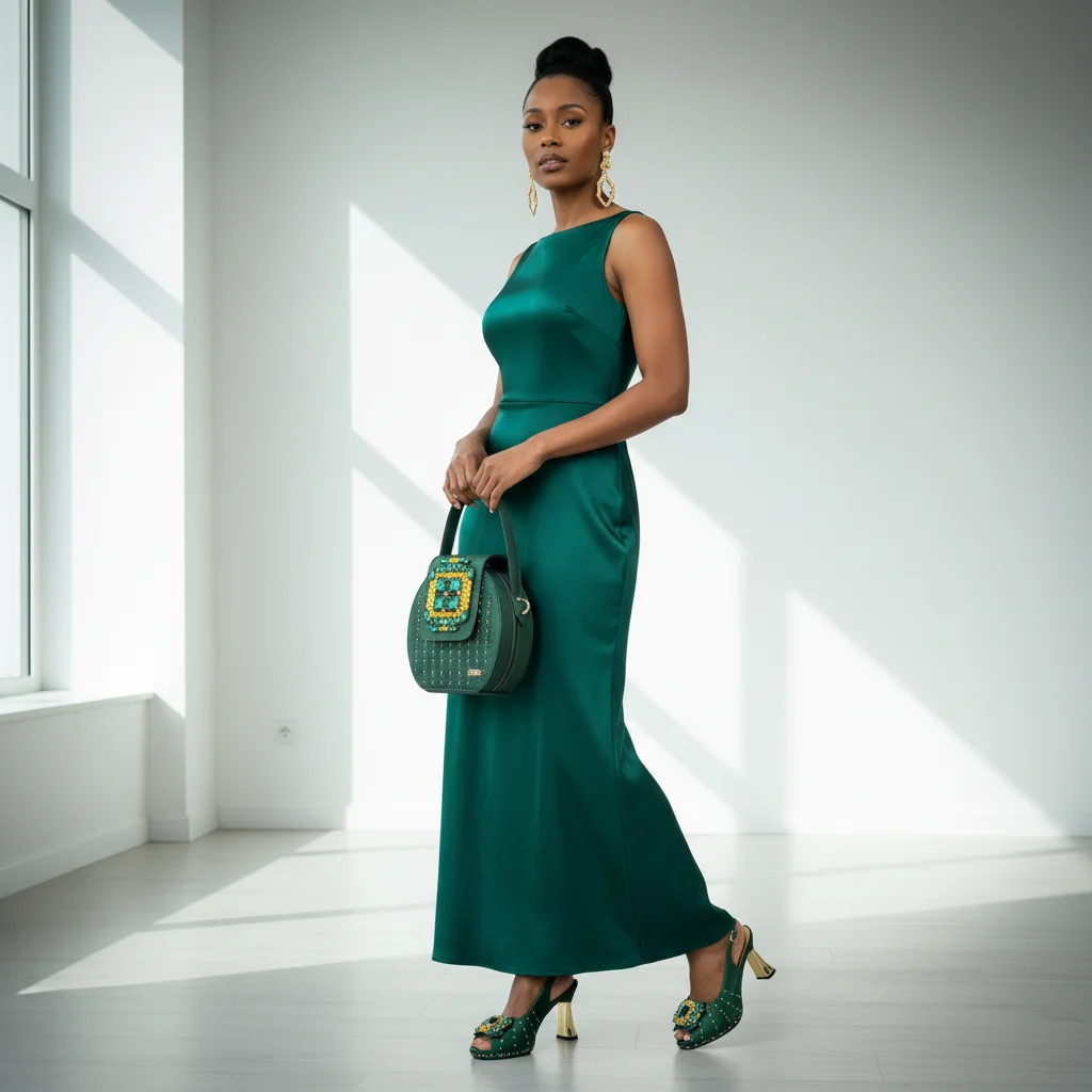 

New Italian Design Open Toe Women Heels for 2026 Elegant Party GREEN Color Diamond Pumps Italian Shoes and Bags Matching Set