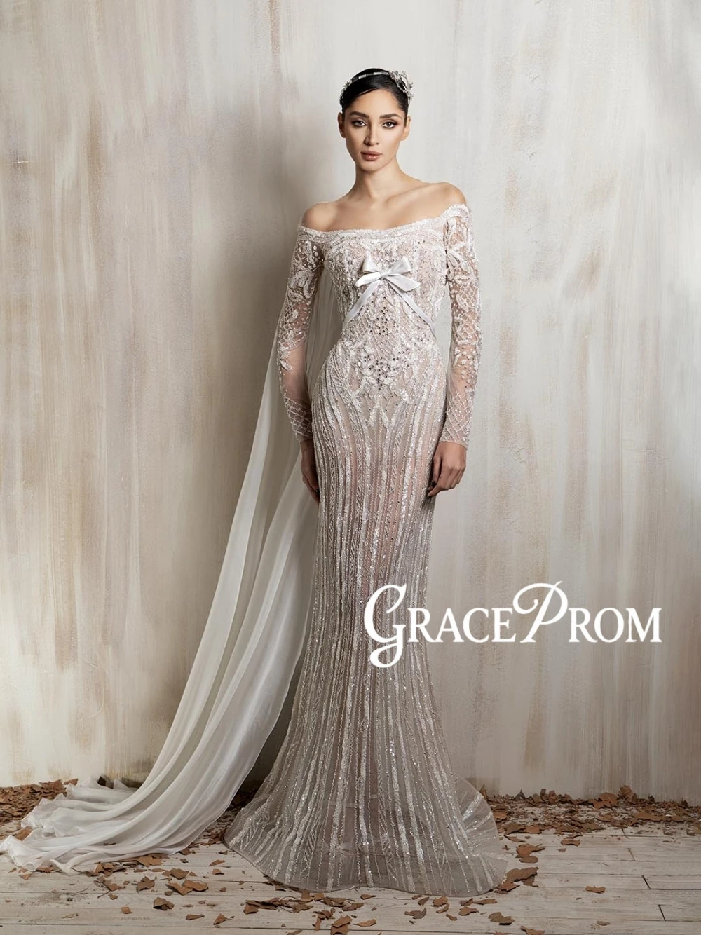

GRACEPROM New Luxury Beaded Embroidered Mermaid Evening Dress Sexy Off Shoulder Long Sleeve Bow Customzied Prom Gown For Women