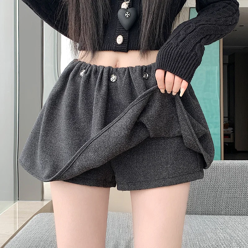 

ey Spicy Girl Woolen Elastic Waist Skirt Women Super Beautiful 2025 New Winter Skirts Lace Trim A-Line ort Skirt