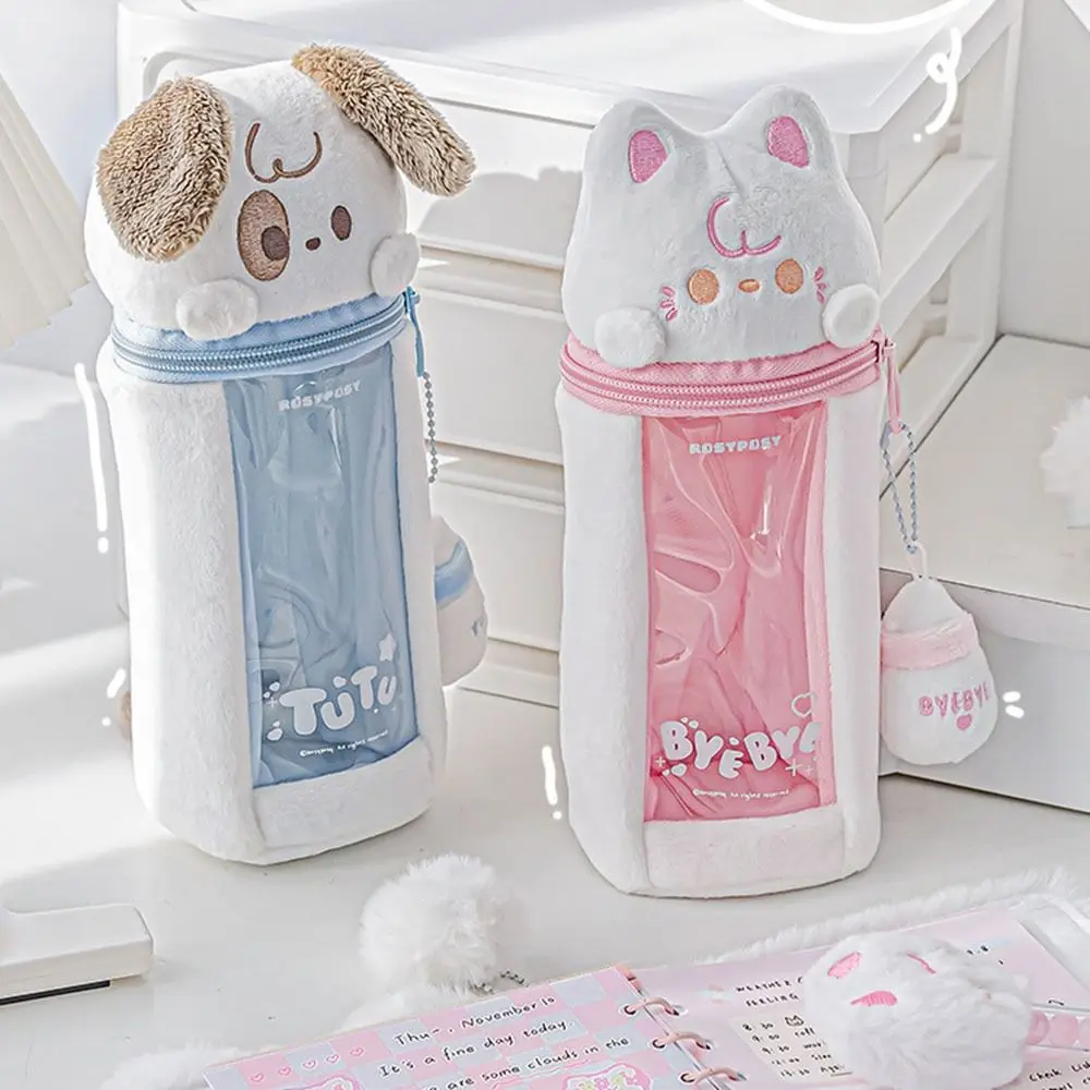 Большой вместительный плюшевый пенал, мягкий чехол для хранения канцелярских принадлежностей с мультяшными животными, милый кулон, милая сумка для ручек с видом на окно