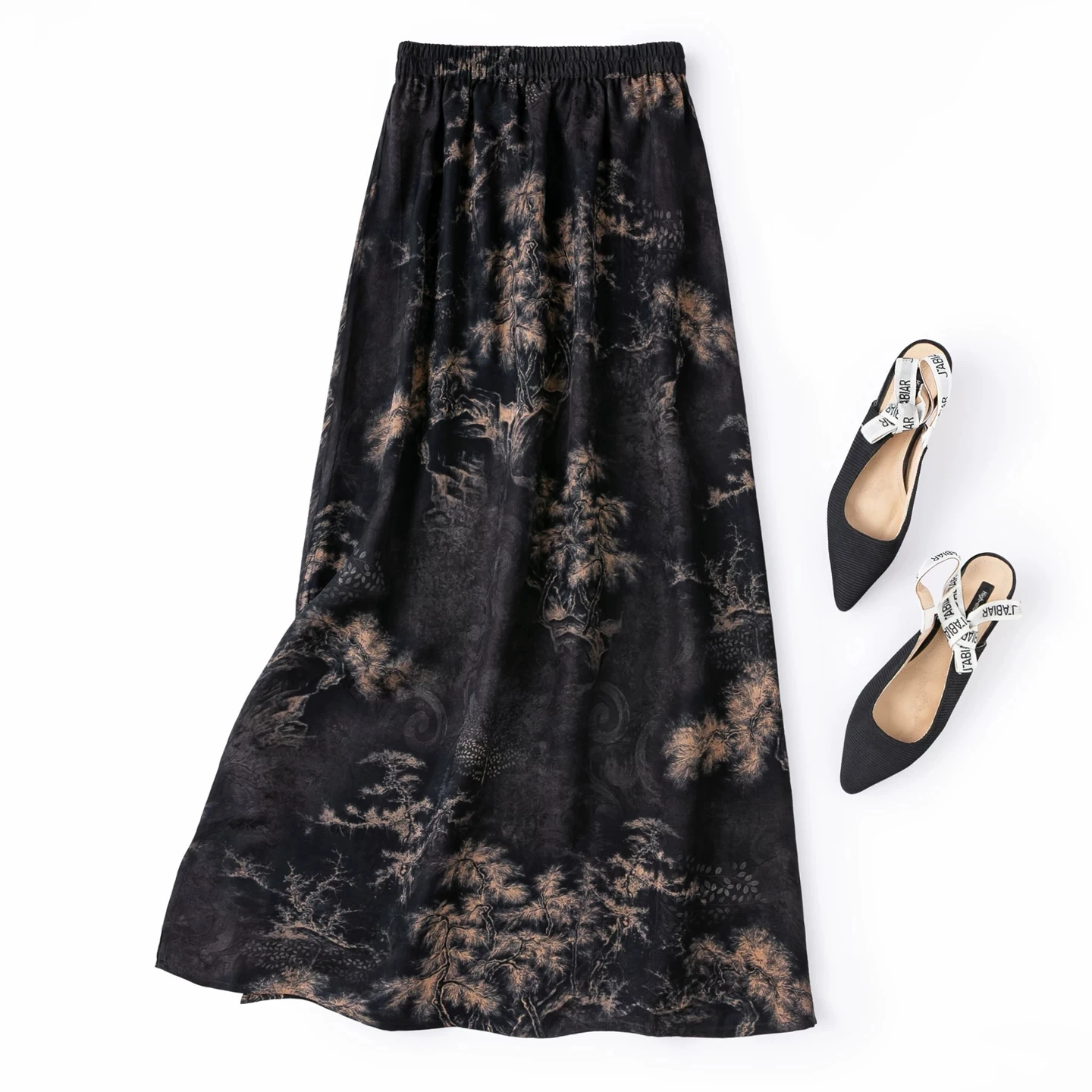BirdTree-100%Real Silk Watered Gauze Elegant Skirts, Elastic Waist Jacquard, Women Retro Casual Skirt, 2026 Autumn New B68728CC