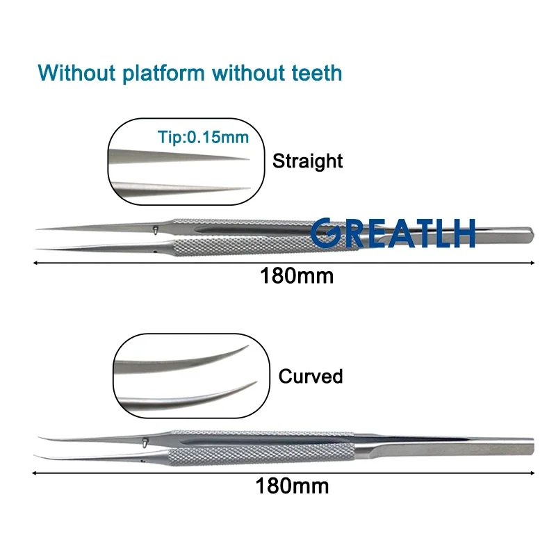 GREATLH Stainless Steel Micro Tweezers with Teeth Straight/Curved/Angle Platform Tweezer Forceps Eye Tools Ophthalmic Instrument
