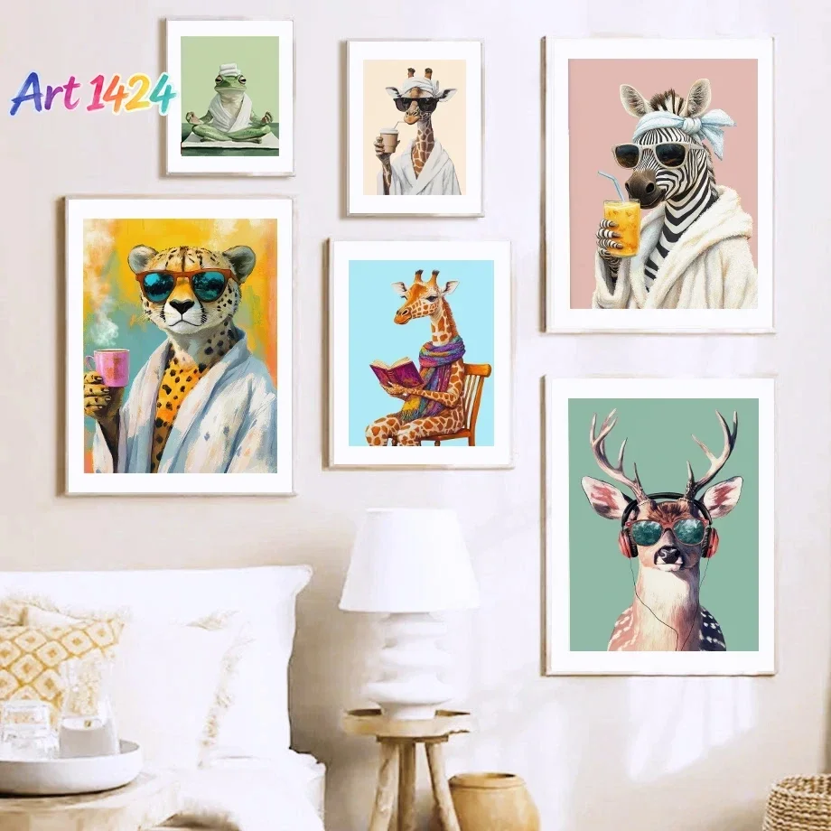 1pc frameless canvas Playful Fashion Colourful Animals  Coffee Book Guitar Tiger Leopard Fox Funny Poster Bedroom Bathroom De