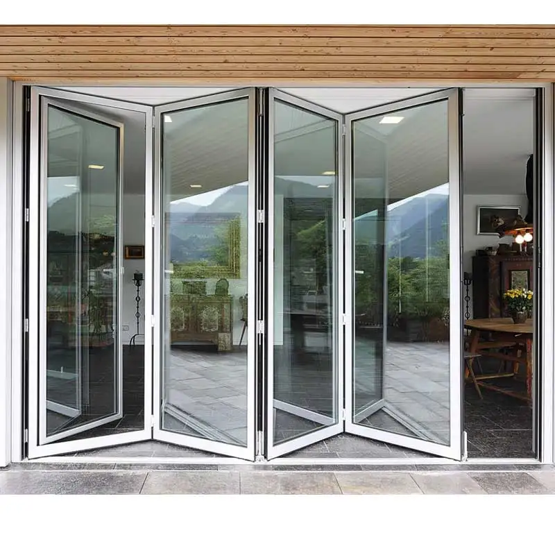 Villa penyetel termal pintu kaca aluminium, tipe pintu lipat teras bingkai sempit logam mengkilap ganda