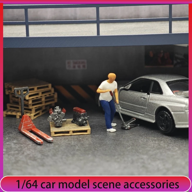 1:64 Dekorasi Adegan Bengkel Perbaikan Model Mobil, Dongkrak, Figur Mini, Aksesori Modifikasi Mesin