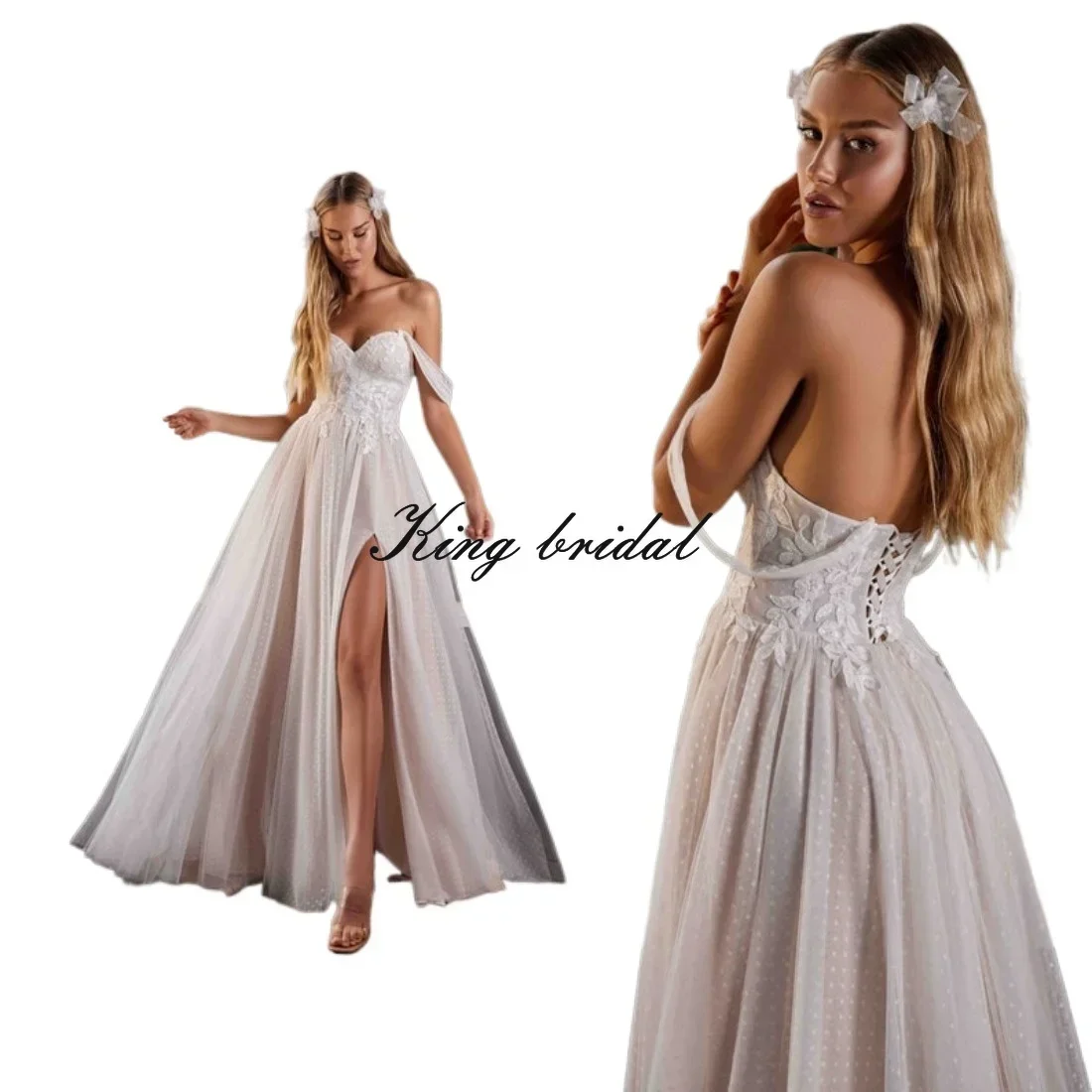 Vestido de noiva de tule, renda, amor, ombro de fora, espartilho, vestido de noiva com fenda, saia personalizada com fenda pontilhada