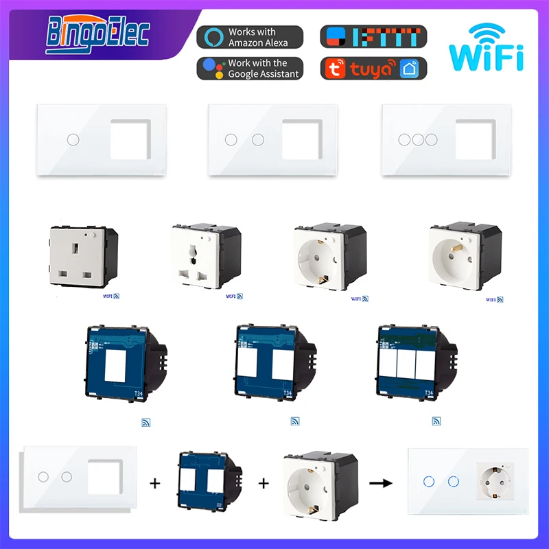 

Bingoelec EU Smart Wifi Power Wall Plug Function Key wifi Touch Switches White Glass Panel Parts DIY Part Accessories work Tuya