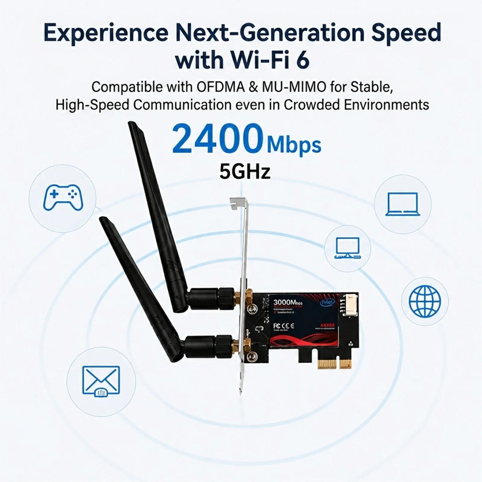 BZIZU WIFI 6 PCIe Card 3000Mbps Wireless Adapter 2.4G&5G Bluetooth 5.2 Equipped Intel AX200 Win11/10 Linux PCI-E x1