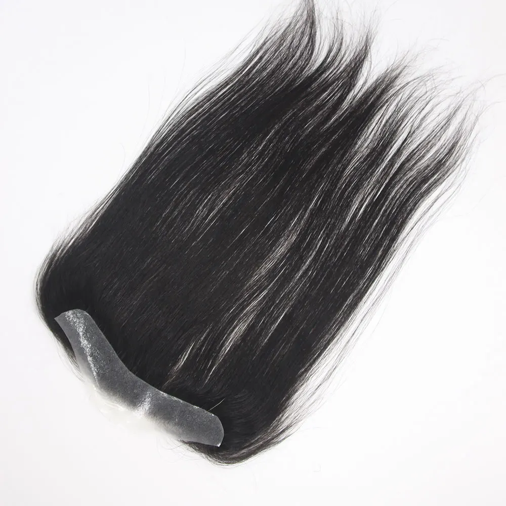 Unisex Tape-On Toupee - Straight Human Hair V-Shape Hairline PU Thin Biological Base Replacement (2x16cm 13inch)