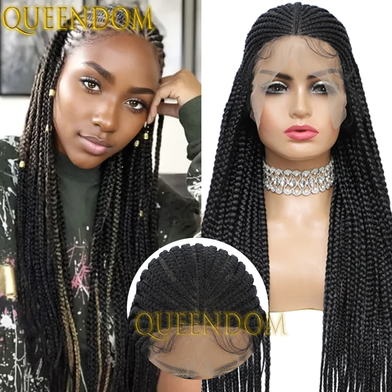 레이스 정면 합성 브레이드 가발, 13x8 크로셰 박스 브레이드, 흑인 여성용, 매듭 없는 여신 가발, 36 인치 콘로우 플리츠 브레이드 가발