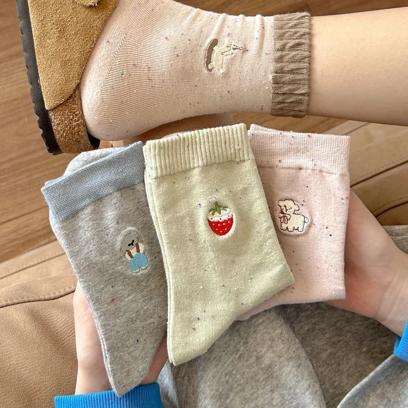 1/3/5 Paar Damen-Socken aus Fleckerei, Cartoon-Stickerei, Crew-Socken (Bär, Hund, Erdbeere), koreanische Kawaii-Frühlings-Herbst-Socken