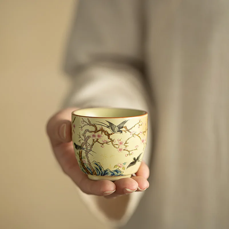 Jingdezhen Ru Kiln Crackle Glaze Tea Cup Bird Flower Master Single Cup Kung Fu Tasting Nurturable Home Office Gift