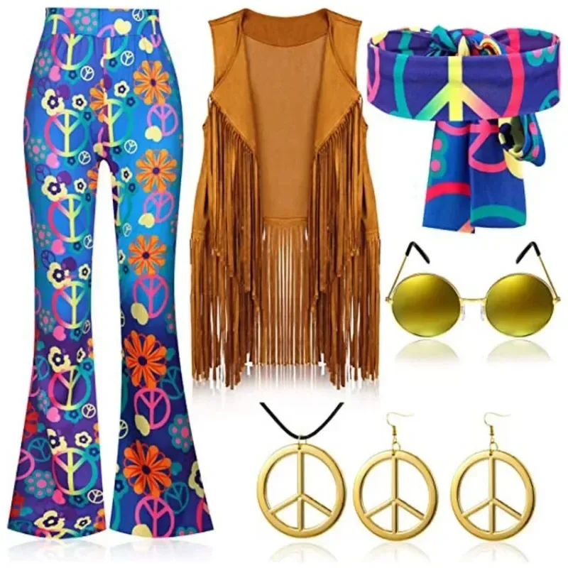 Women 60s 70s Hippie Disco Cosplay Costume Peace Love Girls Hip Indian Tassels Hippie Vest Cardigan Halloween Carnival Party