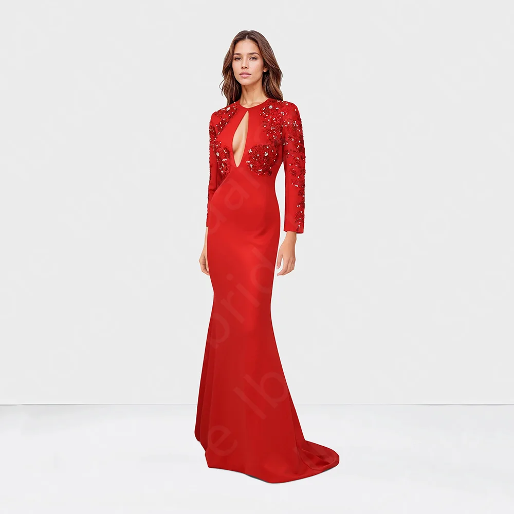 Customized On Sale Red Evening Dresses Mermaid Arabic Prom Gowns Long Sleeves Beading Sequined Wedding Guest Dresses Middle East